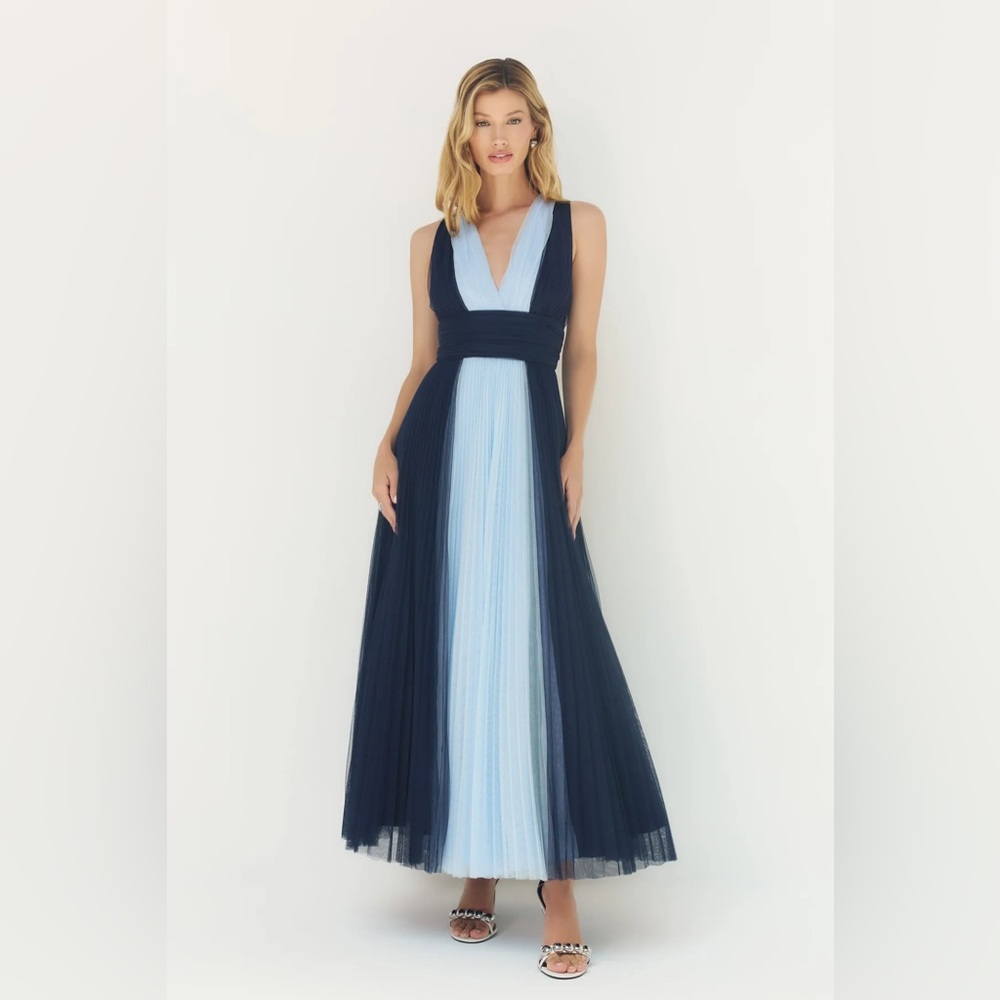 Hutch Navy and Light Blue Pleated Maxi Dress
